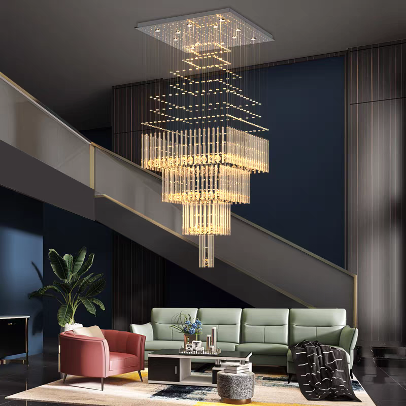 国塔之光别墅复式楼大客厅长吊灯现代简约大气楼梯间水晶吊线大灯