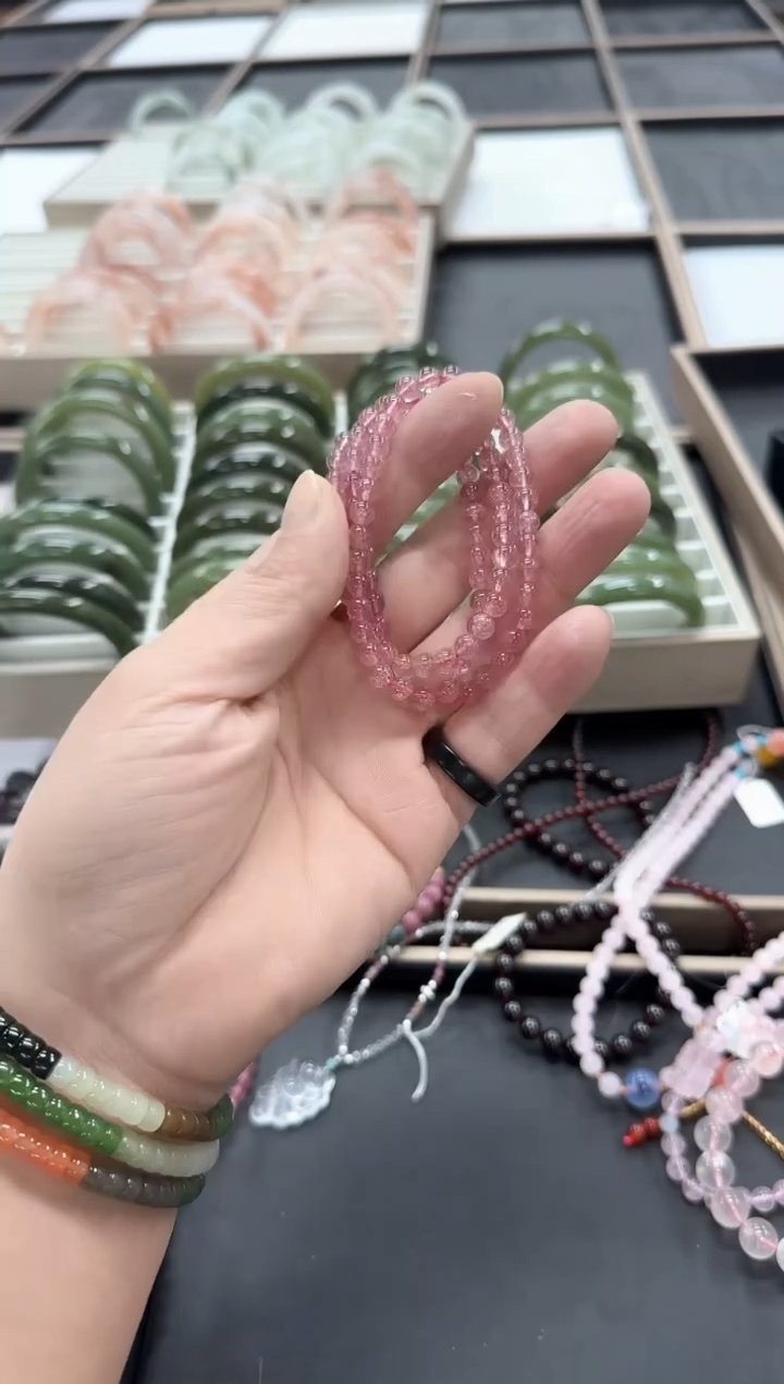 【闪购商品】芙蓉石手链银S925镶嵌天然粉晶手串三圈