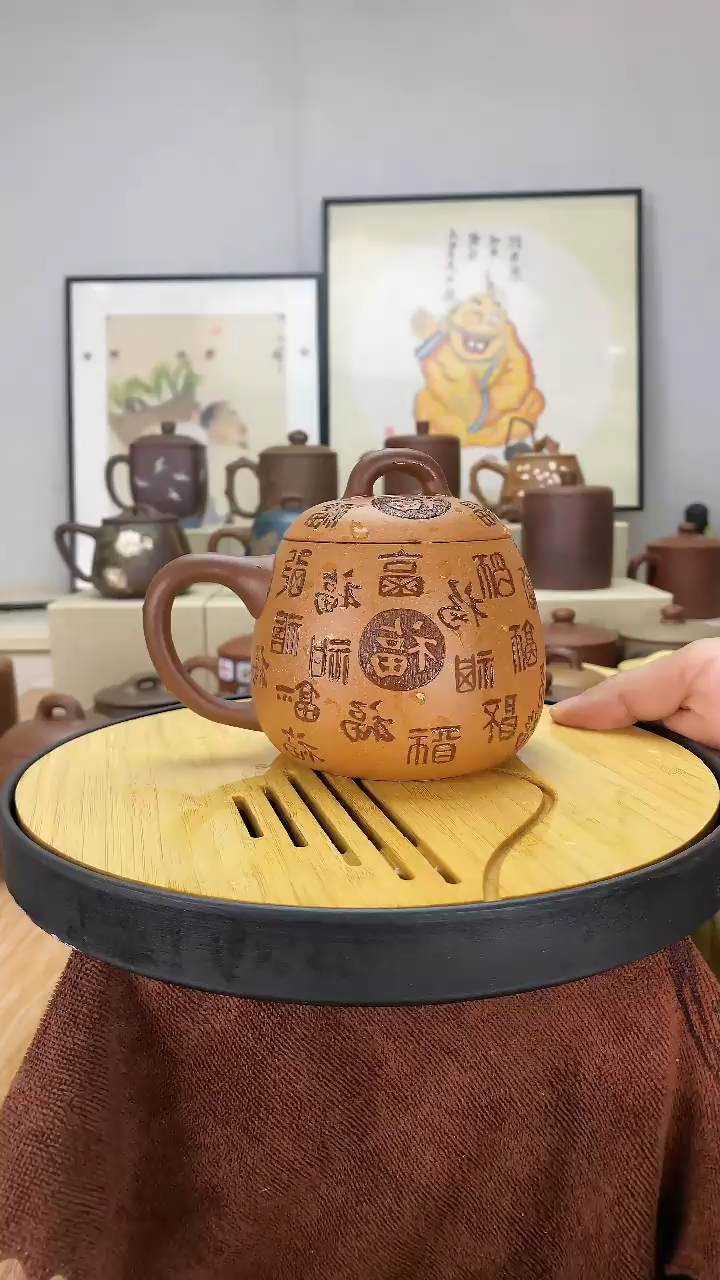 【闪购商品】紫砂茶杯手工百福紫泥粉浆盖杯