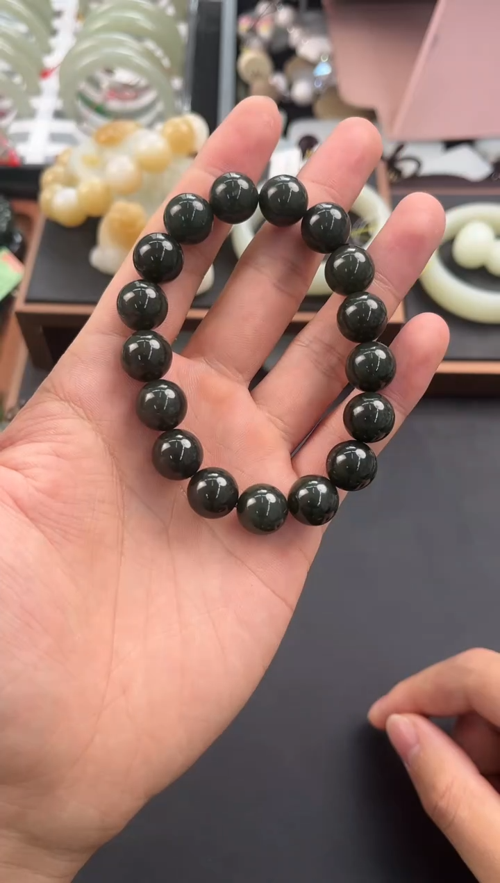 未镶嵌手串和田玉和田黑青手串卡12微色差