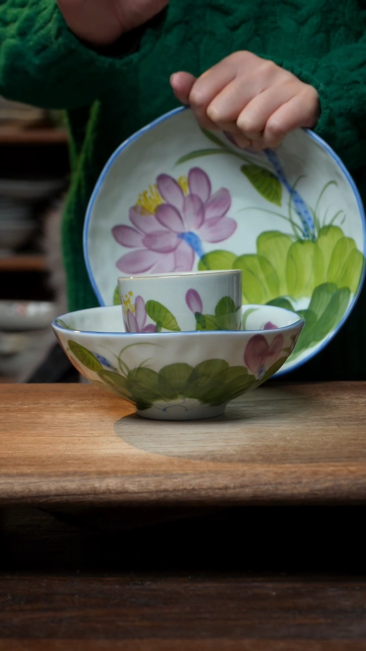 【闪购商品】瓷紫荷8寸盘，紫荷6.5寸+紫荷手握杯