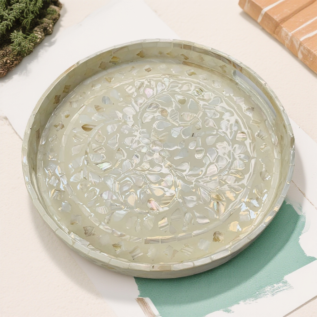 B17轻奢风全彩贝白月光圆形托盘桌面收纳盘水果零食托盘