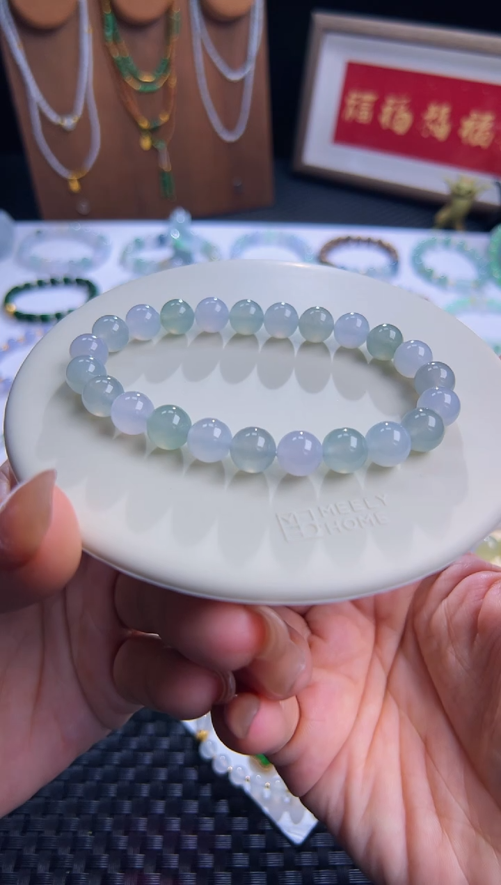 未镶嵌手串翡翠大卡浅色系马卡龙！卡8.3圆珠种老起胶！巨漏！