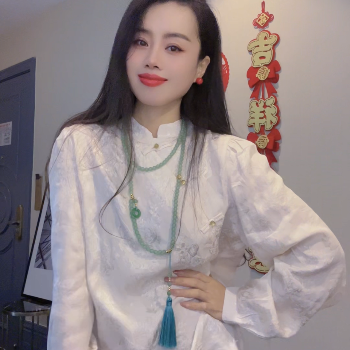 刺绣不起球白色长袖衬衫少女提花春夏长款网红风春季中国风