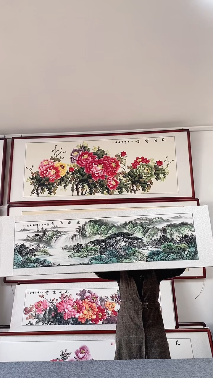 国画纯手绘山水165*50带框装饰挂画