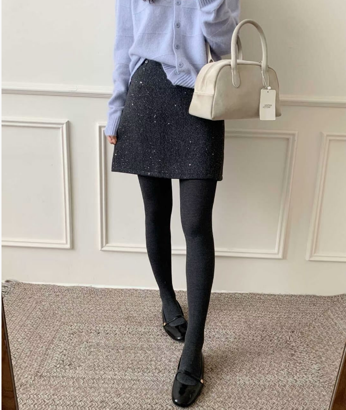 蝶9180秋冬新款短裙A字百搭亮闪闪显瘦韩系高级感拼色亮片半身