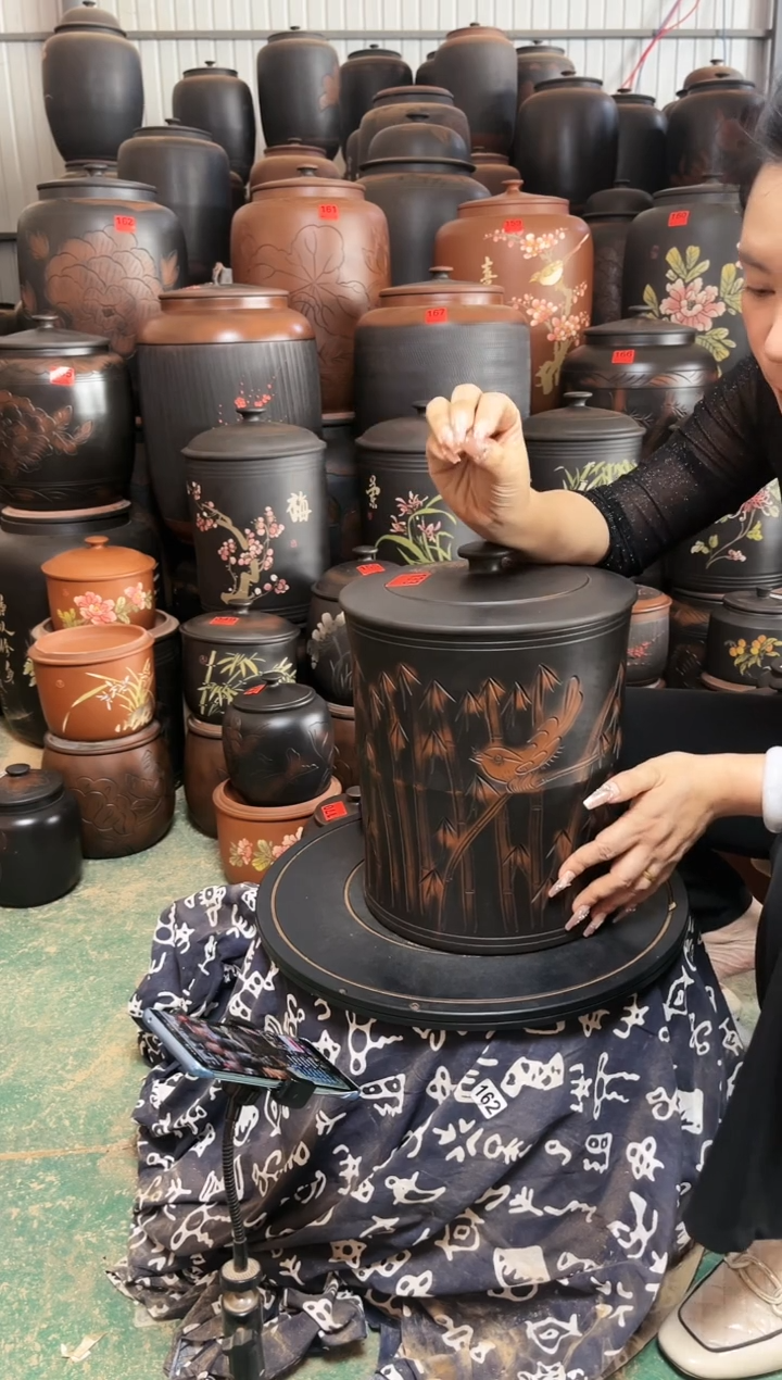 壶完品饼缸 高34cm  竹子 鸟 133