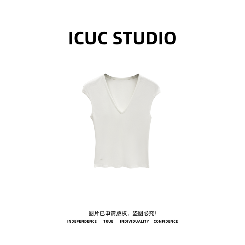 ICUC定制-【简约V领正肩小飞袖T恤】春夏款显瘦百搭T恤2655