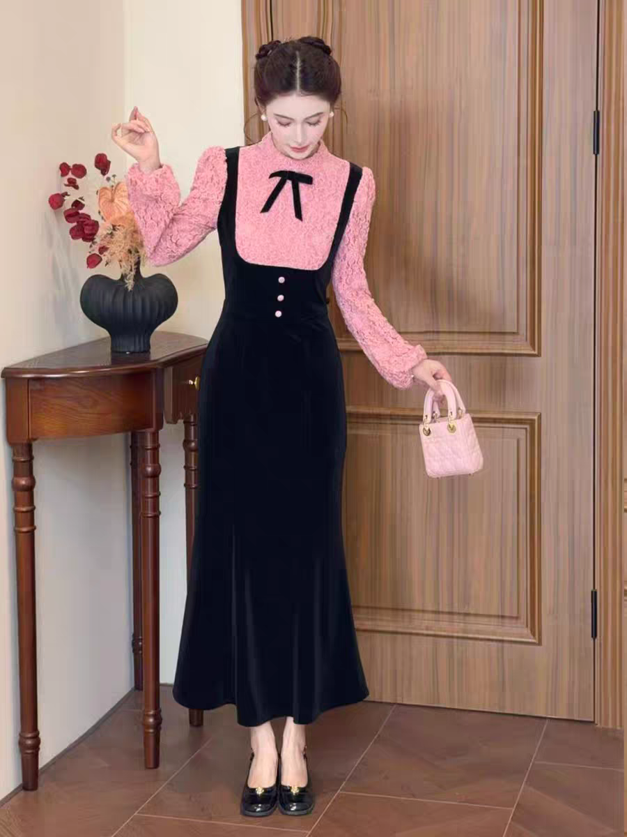 2025年秋冬季新款法式气质显瘦紫色上衣网纱半身裙套装6004