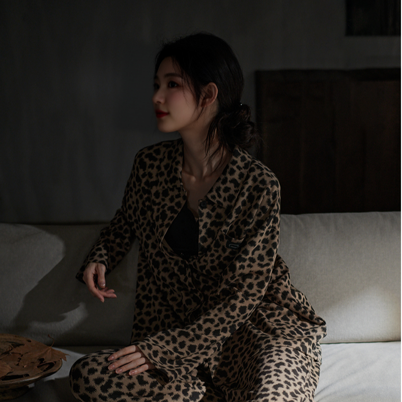 女纯棉全豹纹长裤长袖性感睡衣家居服套装夏季秋冬睡衣