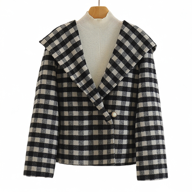 【开播福利】宽松格子连帽休闲短款双面呢外套#BSM38B034