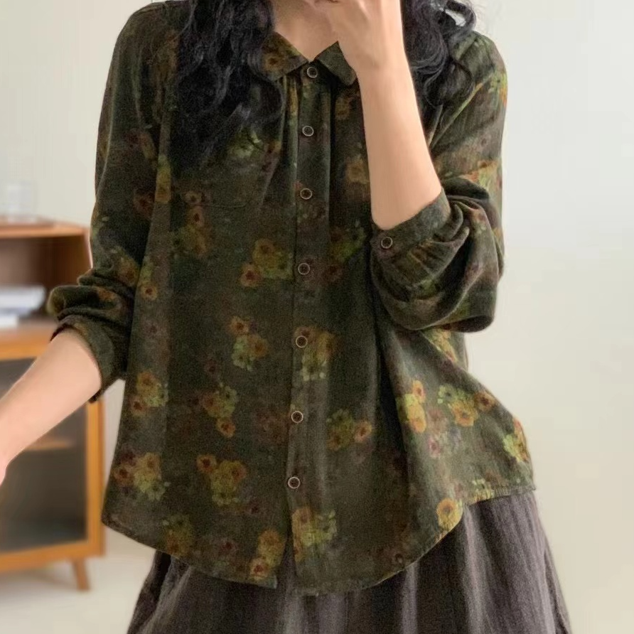 6177新款春秋休闲百搭碎花复古长袖T恤