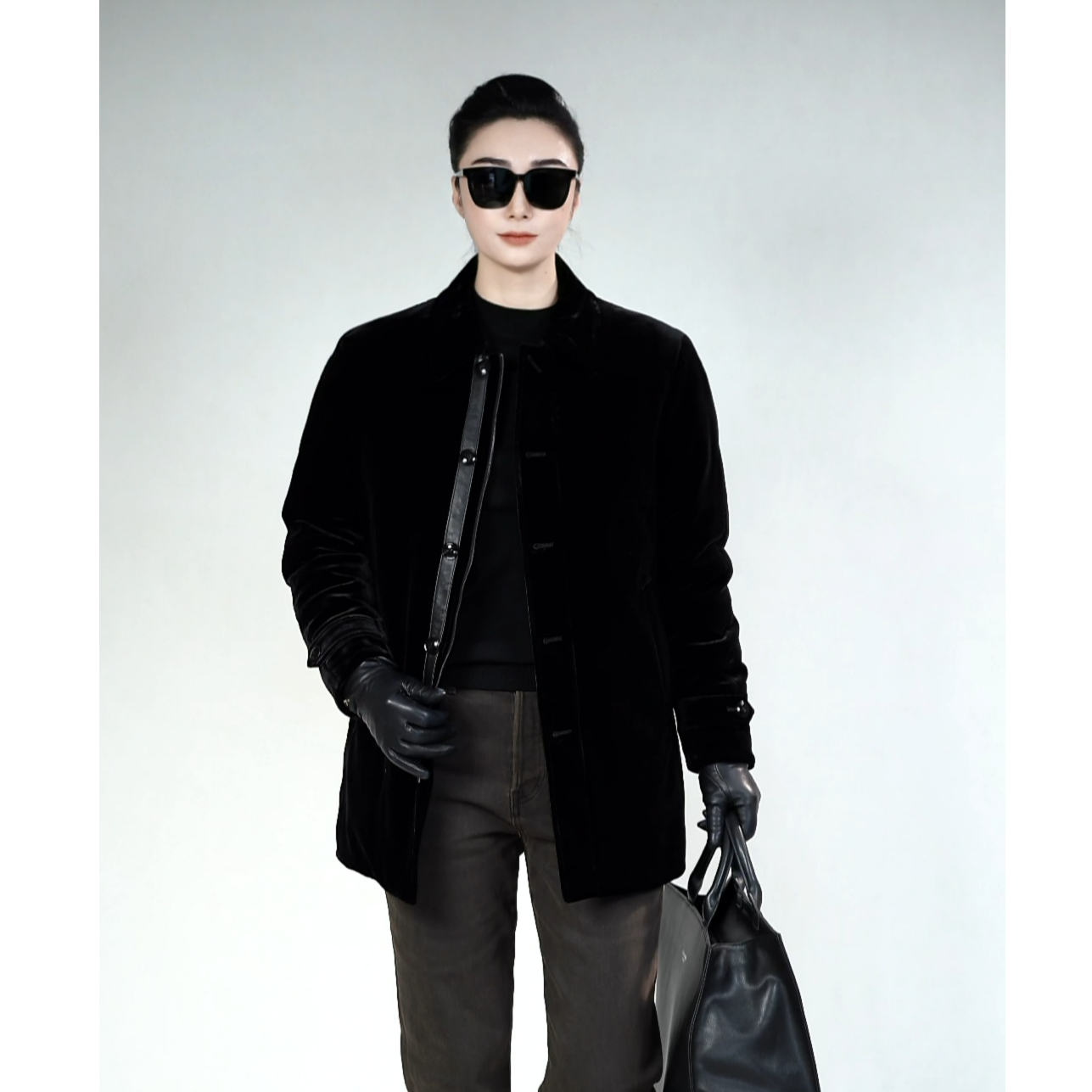 帝罗依男士鹅绒中长款丝绒羽绒服8722冬季时尚轻奢拼皮羽绒服