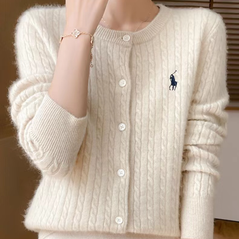 100纯羊毛刺绣小马圆领麻花开衫时尚D435清