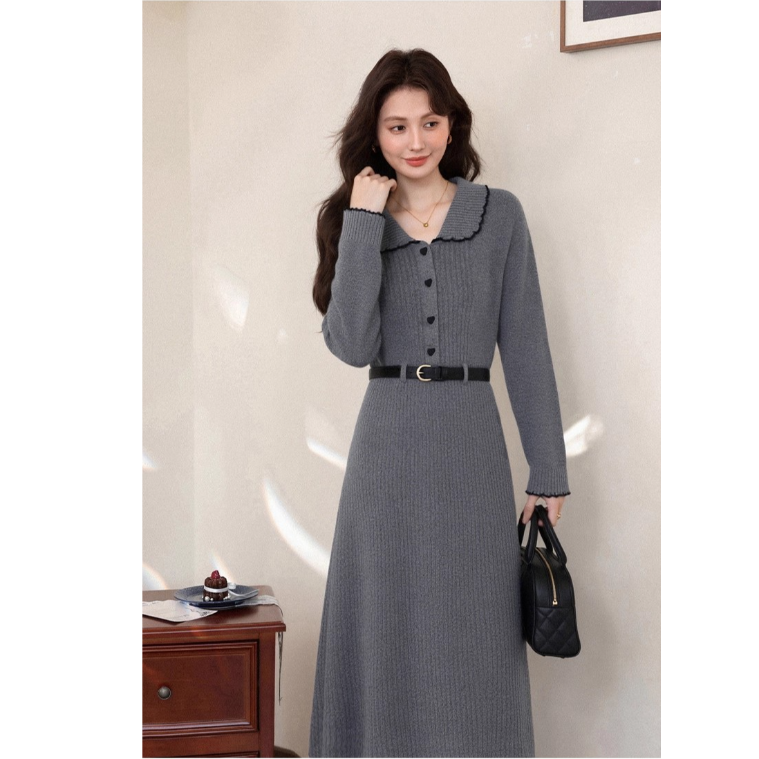 鹿向南「松茶可可」现货法式气质秋冬北含羊毛针织收腰显瘦连衣裙