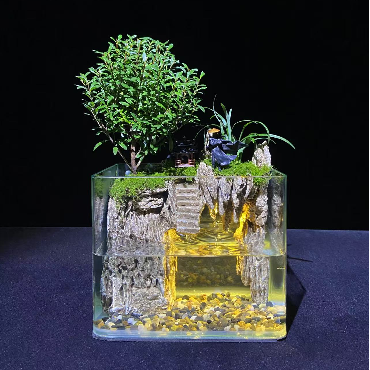 【山水涧20*16*14】创意绿植苔藓景观内置灯光流水养鱼真植物摆件