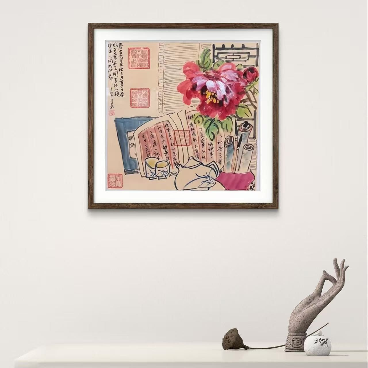 秦全-牡丹卡纸-50*50-纯手绘卡纸书法