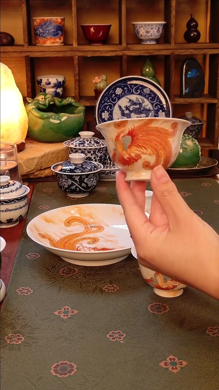 【手工手绘红绿彩凤凰盖碗+壶承+主人杯】