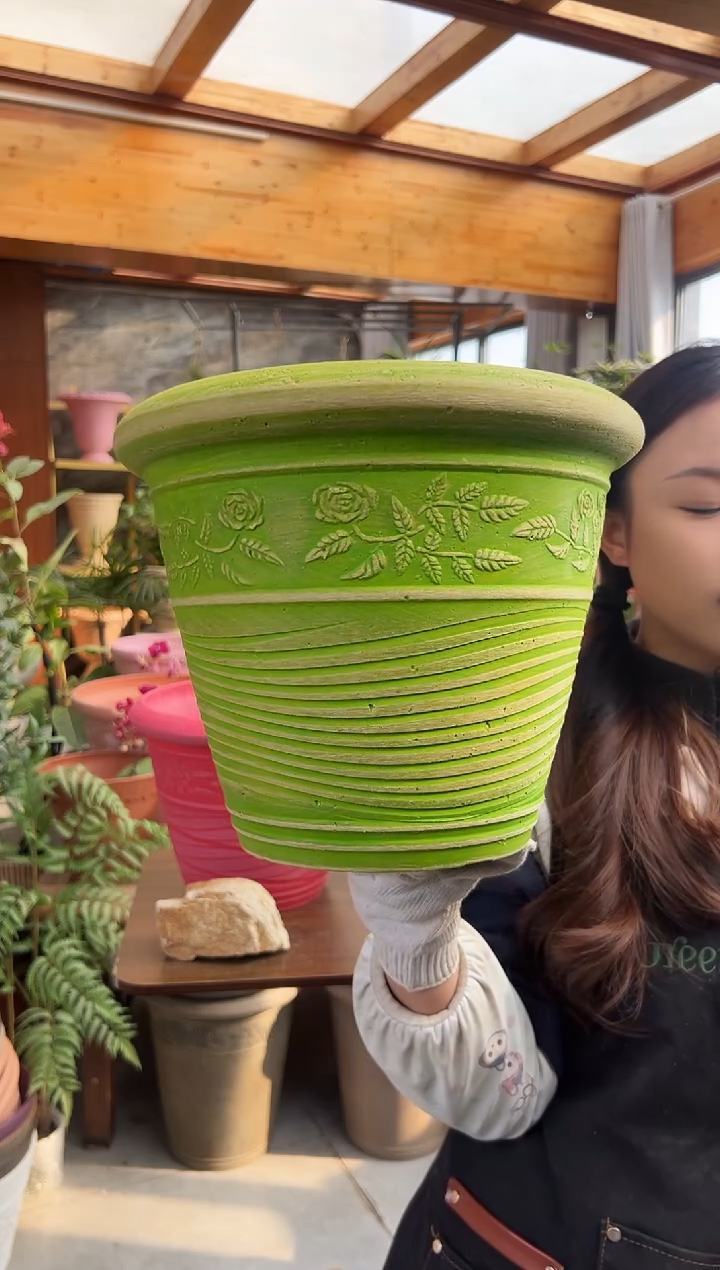 30*24.5/MC30/绿色刻纹/浮雕花盆外贸尾单