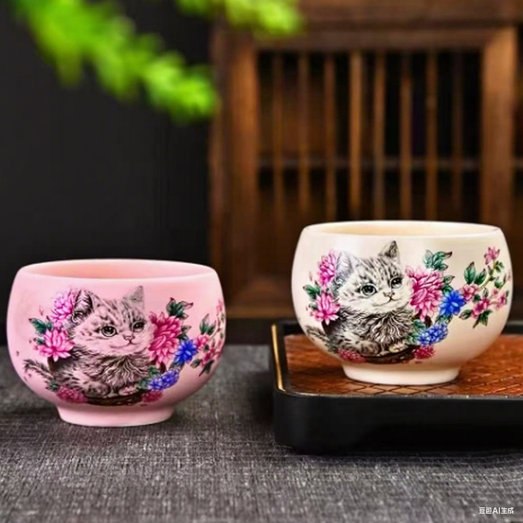 ZHTJ0072-粉陶+米黄猫咪对杯