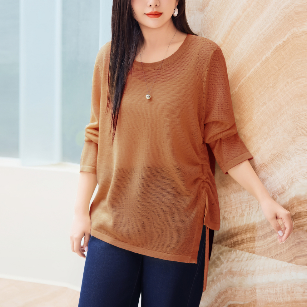 【不规则抽绳针织衫】MsShe大码女装2025款秋装开叉竹节麻C2508012