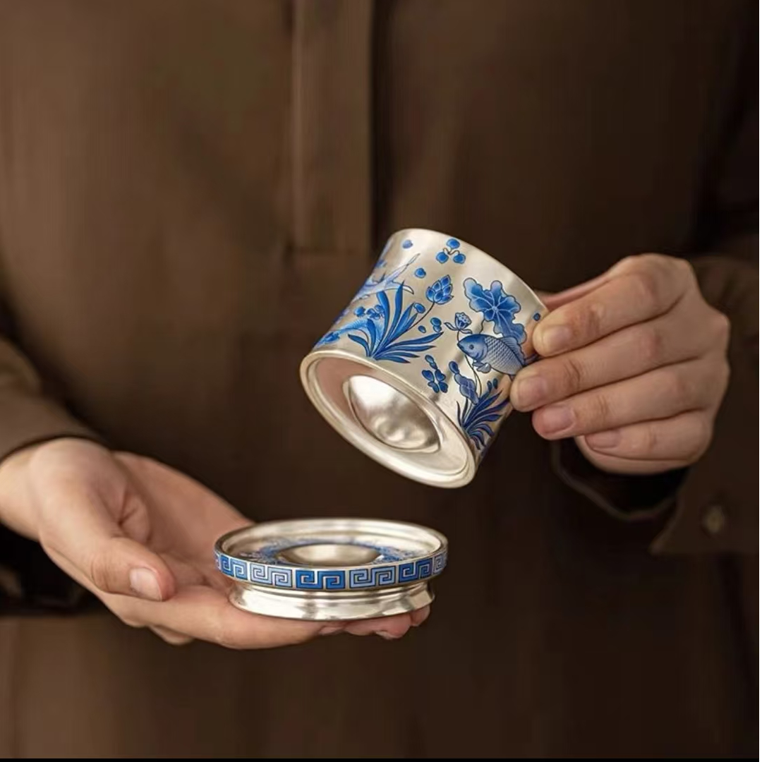 G2047-鱼藻纹转转银杯+底碟