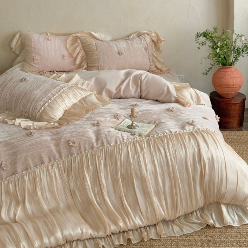 小冲冲【梦芭蕾】法式浪漫全棉磨毛立体剪花鎏金花边四件套秋冬款