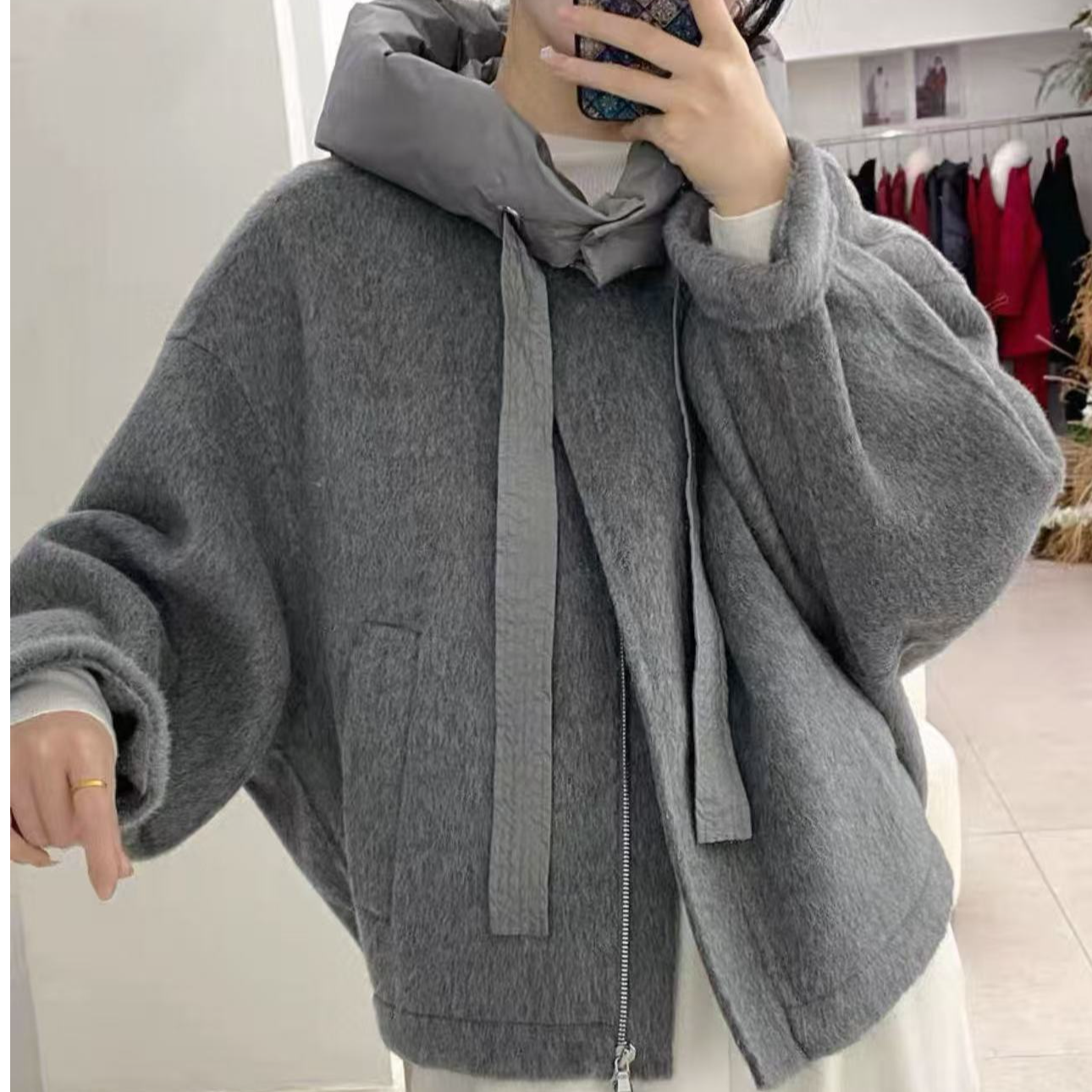 艾家商场女装时尚宽松连帽短款双面呢