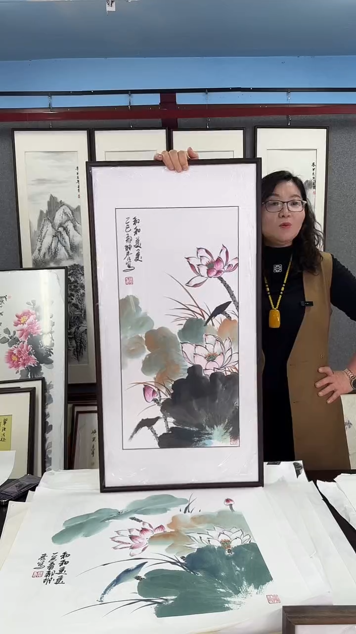 国画实木装裱 荷花 45*90