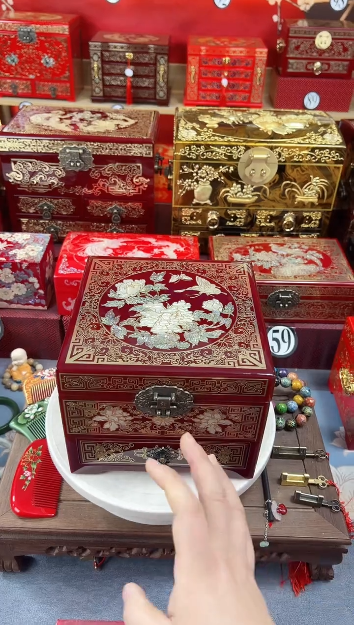 【闪购商品】20厘米新款三层单抽掐丝螺钿酒红蝶恋花