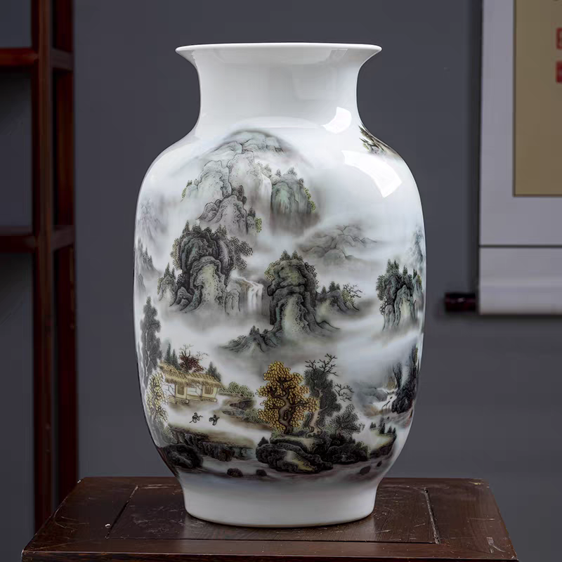 （高35cm）景德镇陶瓷釉上彩深谷幽隐山水花瓶电视柜书房办公室摆件