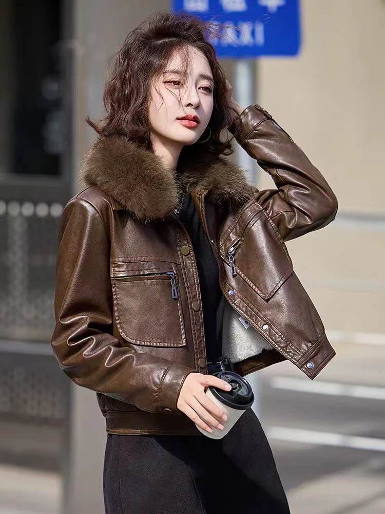 冬季时尚百搭气质女装毛领皮衣外套2507