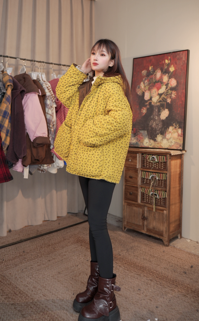 【木森】【向日葵】冬季新款连帽小碎花棉服女款上衣外套S274