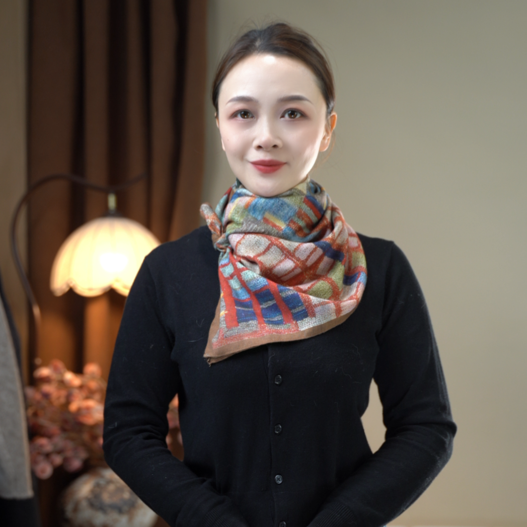 A715极简风中等保暖学院风不掉色丝巾针织格子百搭春秋中版七彩