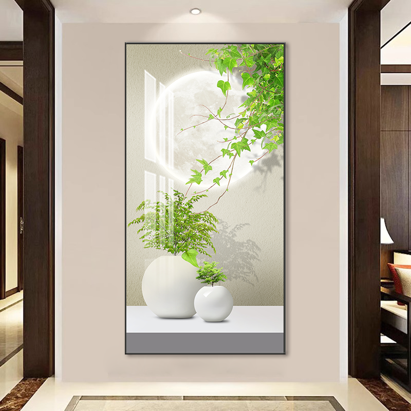 小清新风满月晶瓷装饰画亮眼绿植走廊挂画高级感玄关壁画x545-5