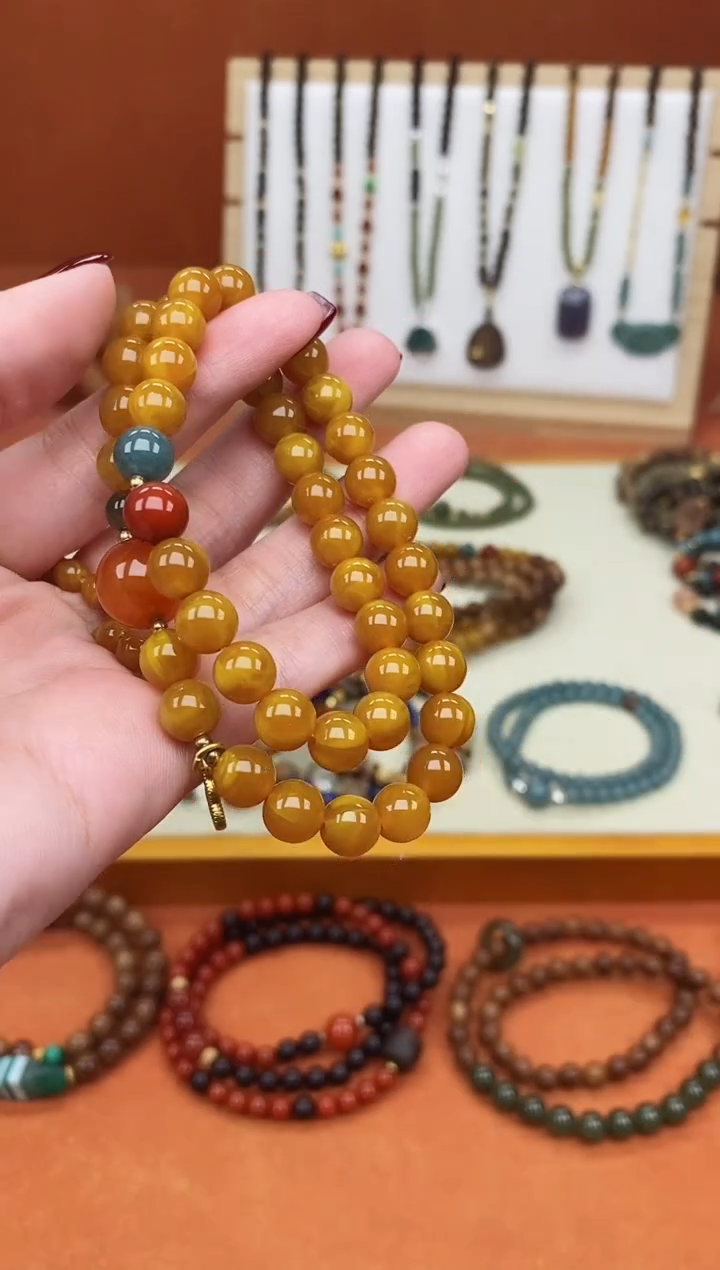 手链蜜蜡未镶嵌双圈蜜蜡和田南红蓝水手串