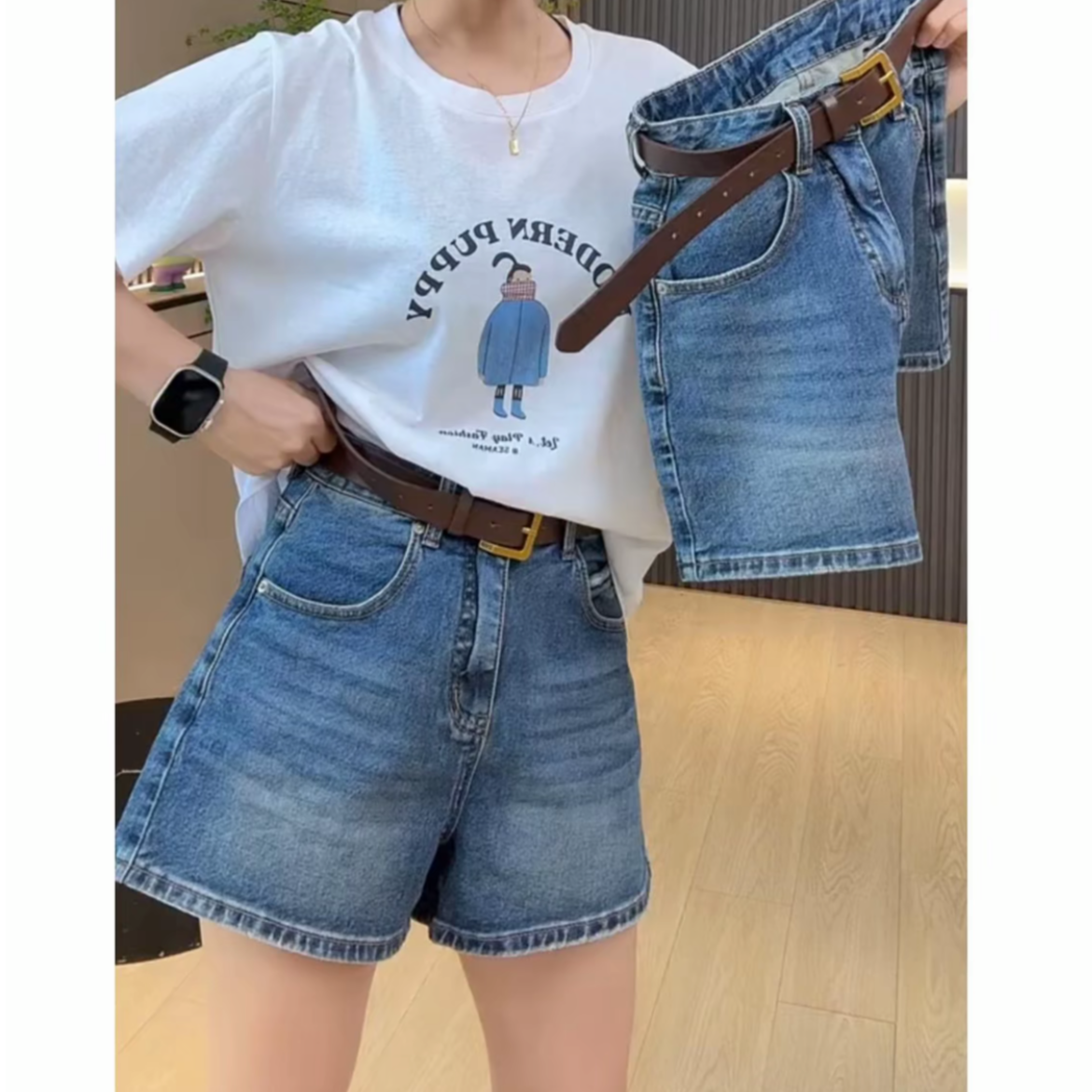 Aimeerosa/艾洛莎欧式潮流水洗高腰牛仔短裤气质宽松显瘦三分裤女