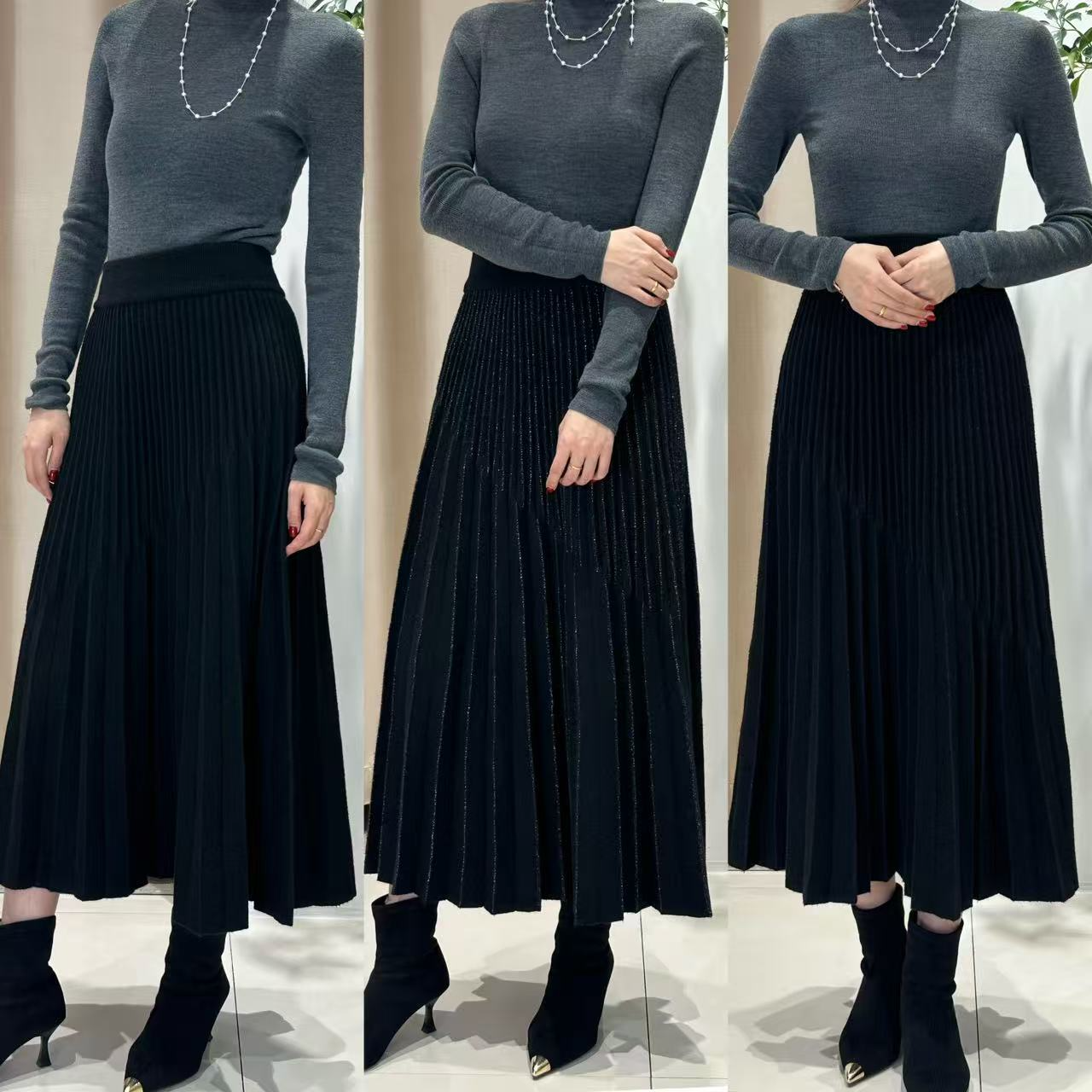 2025冬季新款高腰显瘦针织百褶女士中长款半身裙时尚百搭