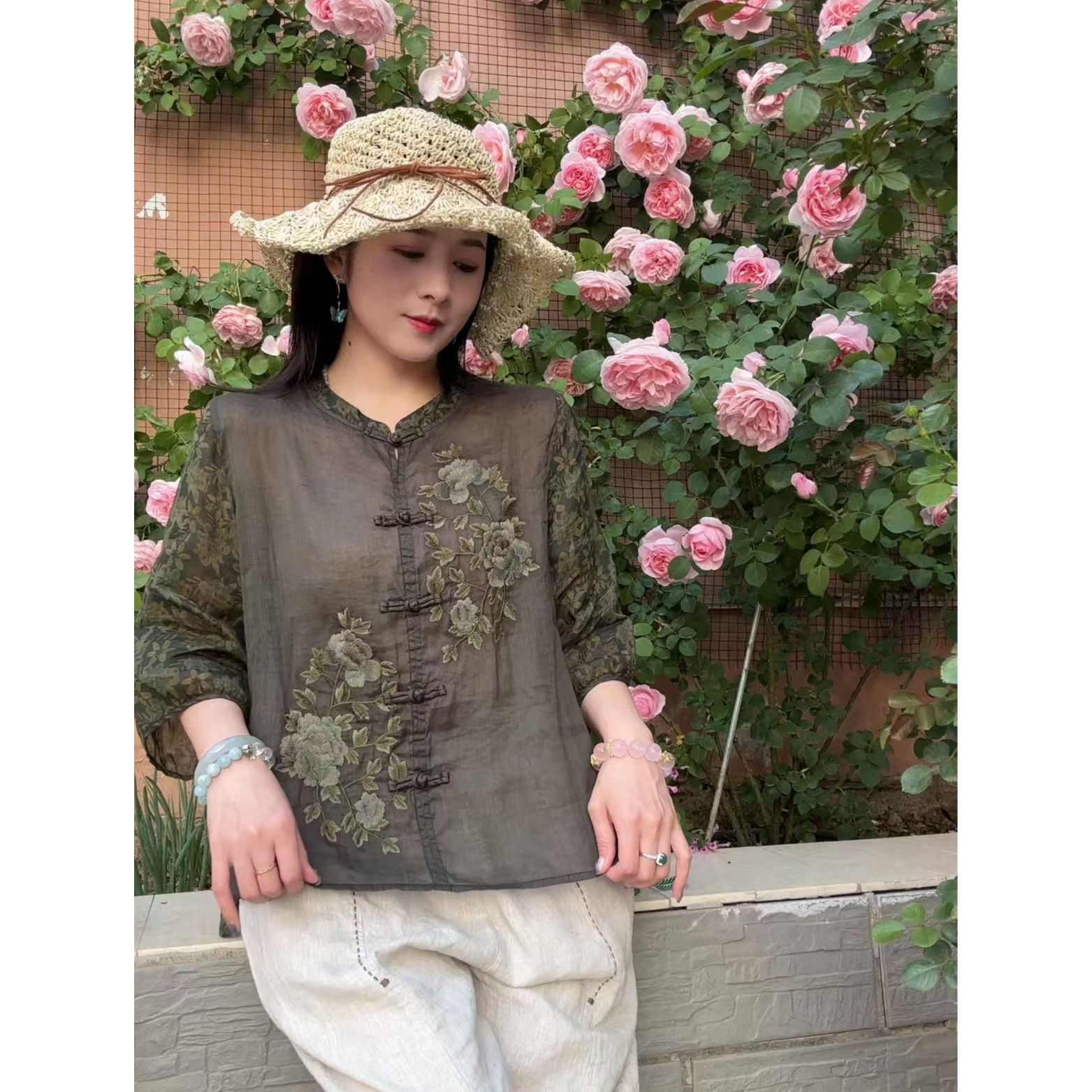 新中式苎麻印花小衫国风刺绣上衣2025防晒衬衫六分袖复古盘扣衬衣