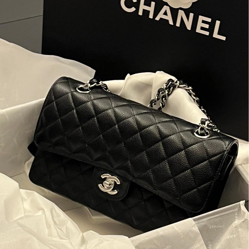 99新 Chanel/香奈儿 小花6珊 CF 中号 黑色 荔枝C 银扣 芯片开