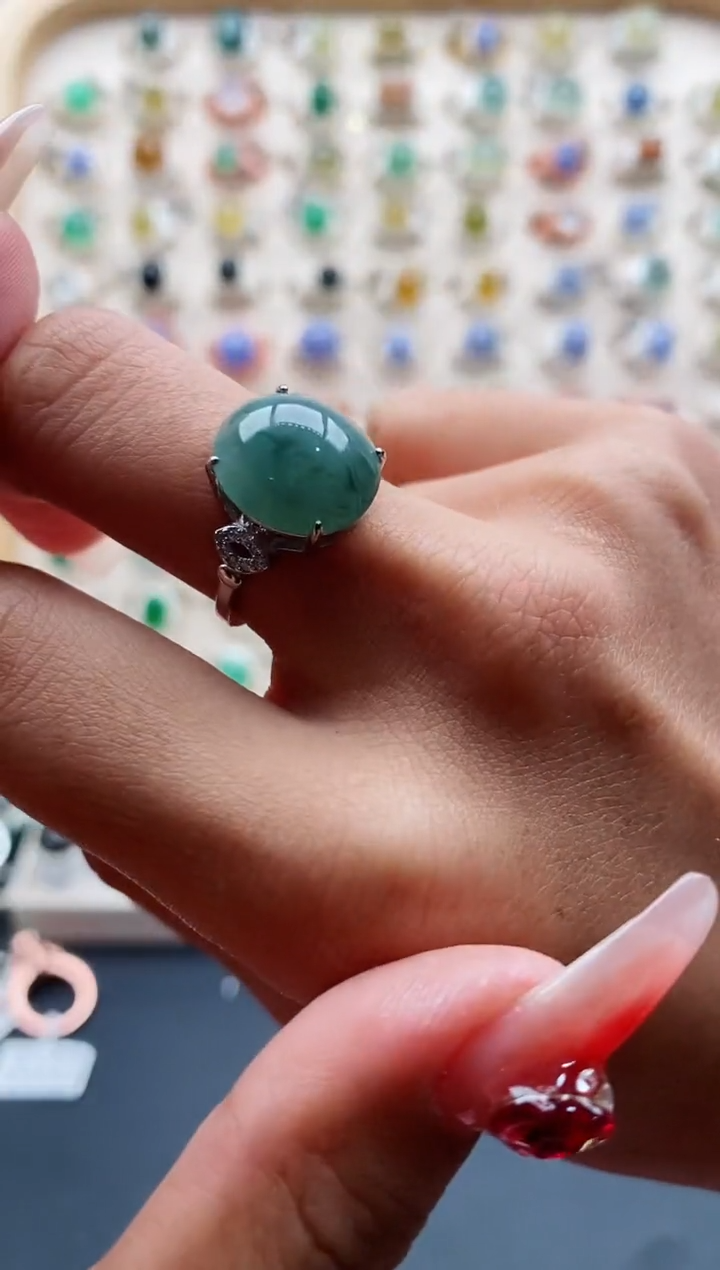 【闪购商品】翡翠戒指银S925镶嵌天然缅甸A货翡翠444 9+3