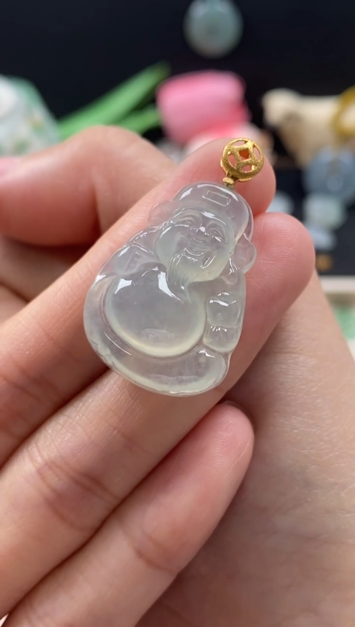 【闪购商品】翡翠颈饰18K金镶嵌翡翠冰种财神吊坠