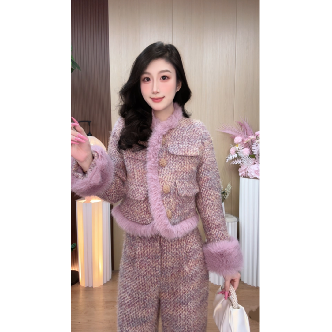 【霖霖小个子】2025秋冬季气质时尚百搭复古加绒两件套装（浅紫）