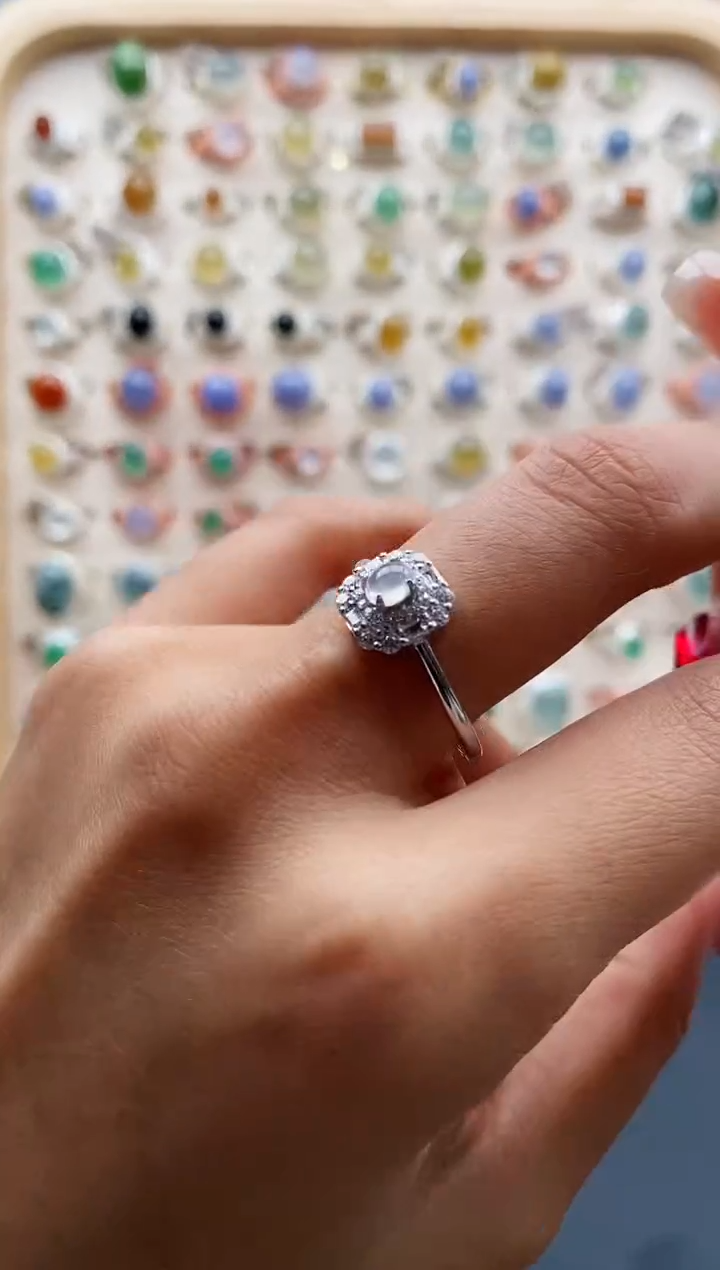 【闪购商品】翡翠戒指银S925镶嵌缅甸天然A货翡翠222 7+10