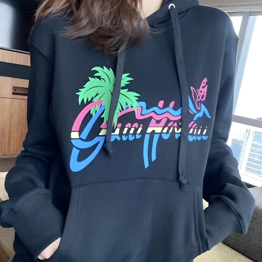 未使用 GUCCI/古驰 男女同款黑色印花连帽休闲椰树卫衣连帽