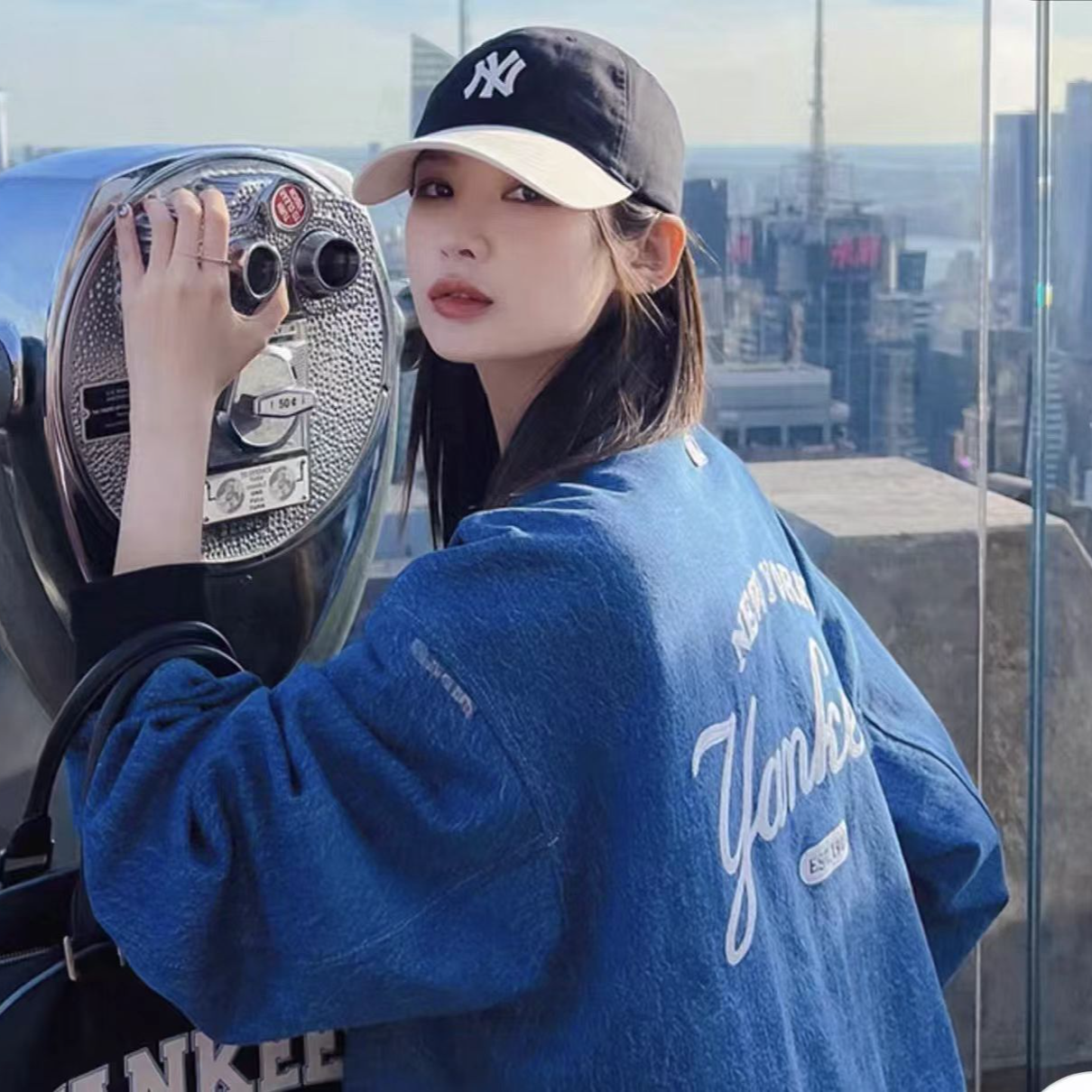 MLBMLB 纽约洋基队印花拼色单排扣长袖棒球服牛仔外套男女同款 DF