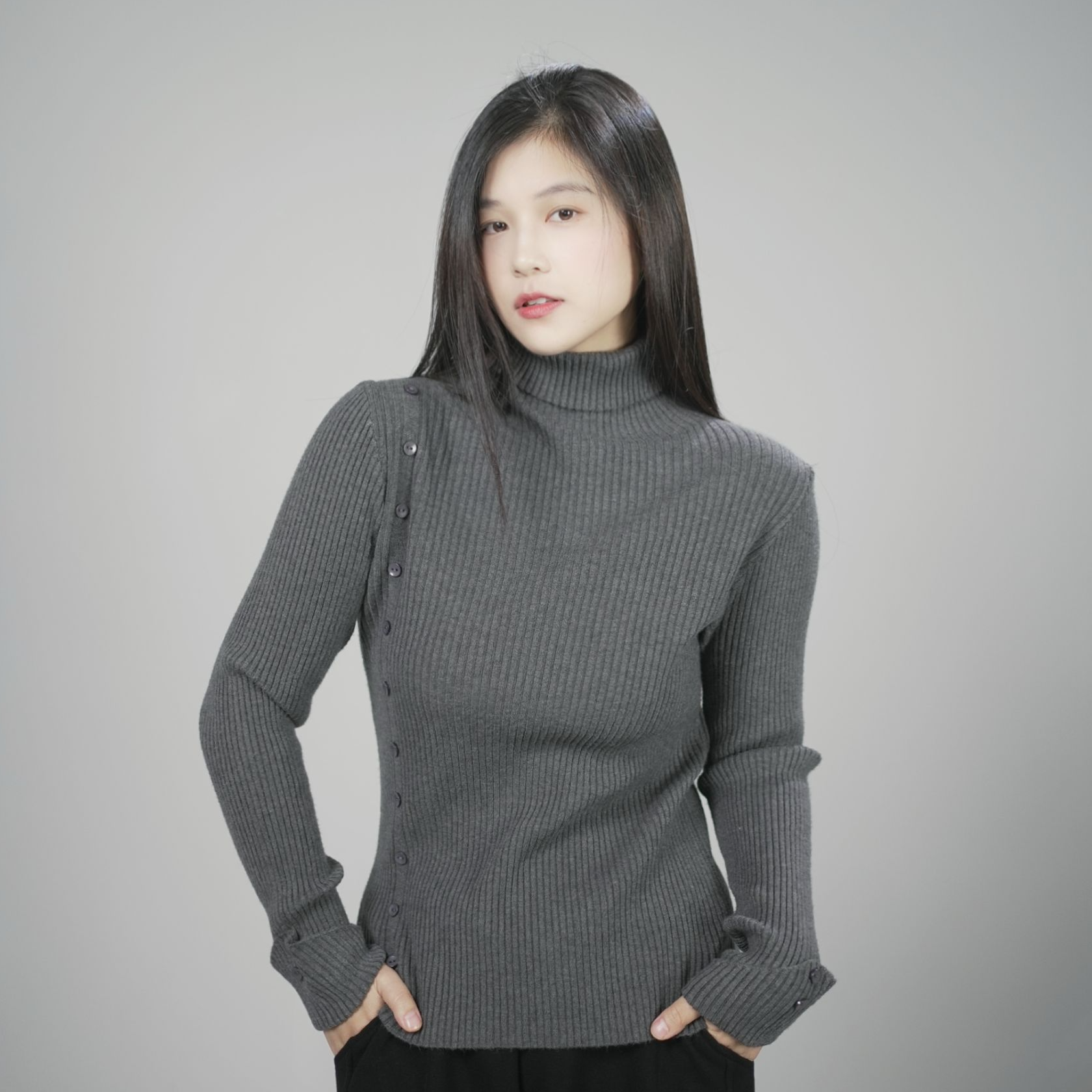 洋气修身显瘦内搭侧边单排扣设计感高领毛针织衫打底衫毛衣