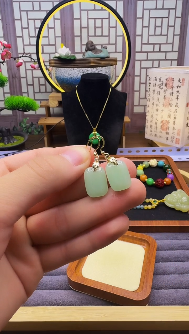 和田玉14K金镶嵌耳饰E227