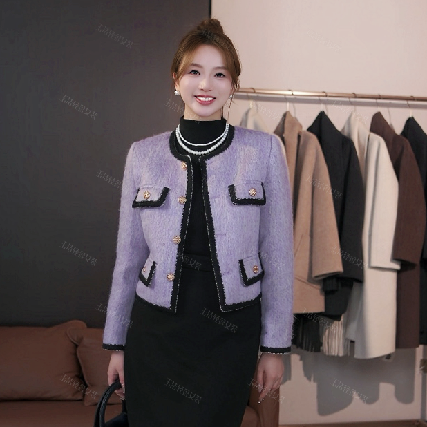 【玉洁】秋冬新款法式撞色设计高级感富家千金紫色上衣1937