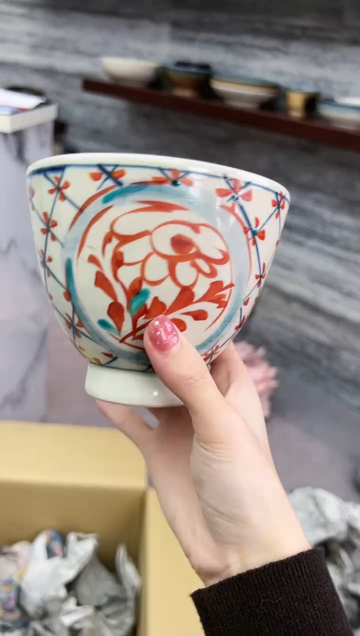 宗山窑高脚碗-赤绘间取